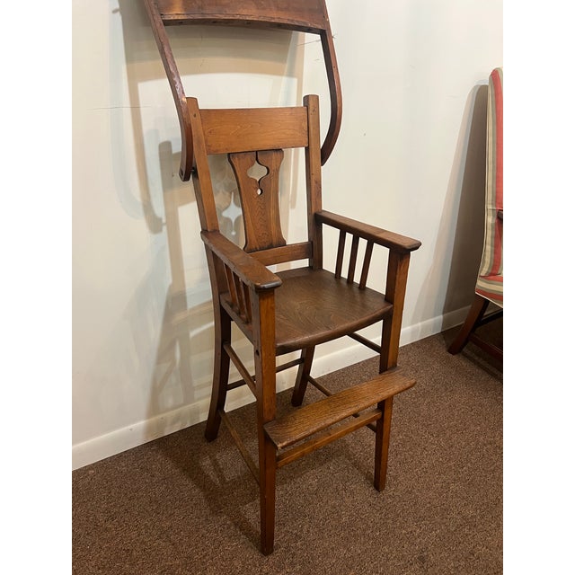 Early American Oak Mission Style Folk Art Wooden High Chair For Sale - Image 4 of 12