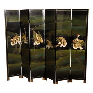 Japanese Style Hand Painted Lacquered Six-Panel Room Divider For Sale