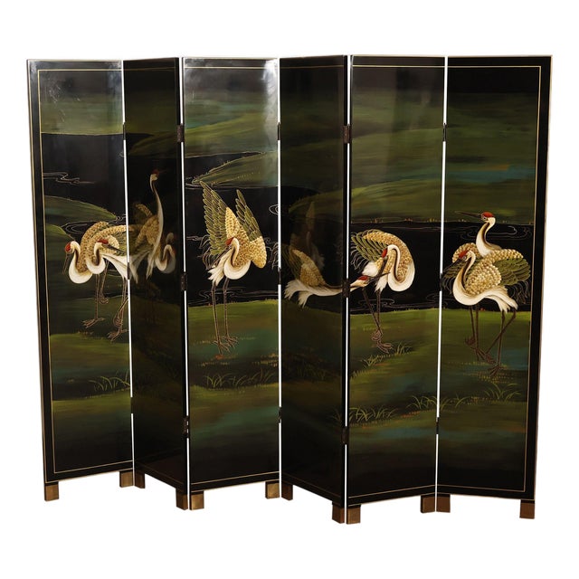 Japanese Style Hand Painted Lacquered Six-Panel Room Divider For Sale