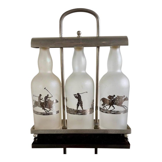 Set of Etched Polo Player Bottles in Silver Tantalus C. 1930's For Sale