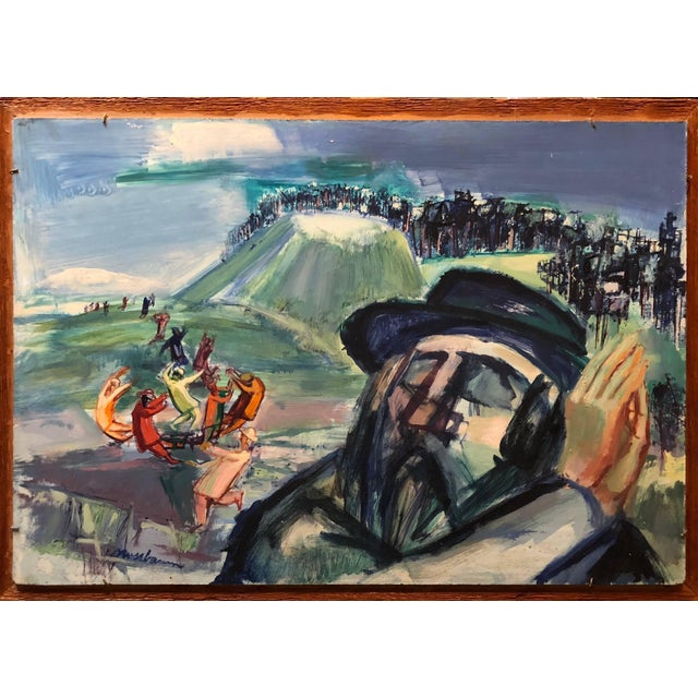 In this painting, Nussbaum portrays a Rabbi, or Rebbe outside the synagogue The vibrant colors used in this painting seem...
