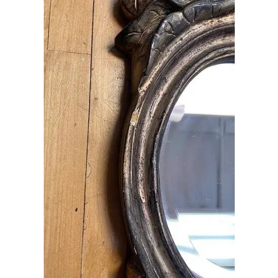 Set of 2 Long Carved Antiqued Gold and Silver Mirrors For Sale - Image 4 of 12