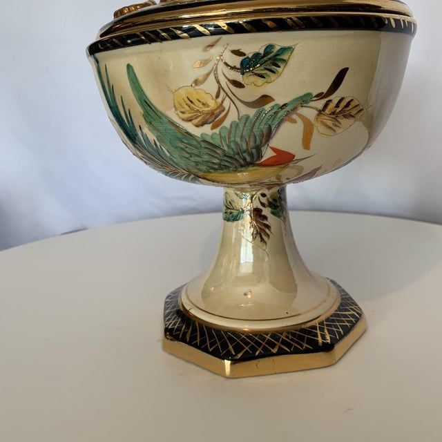 Covered dish on piedouche from the Bequet earthenware factory in Quaregnon, Belgium. Perfect condition. This piece has an...