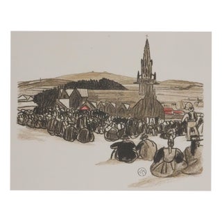 Mathurin Meheut, Waiting for the Procession, 1937, Engraving For Sale