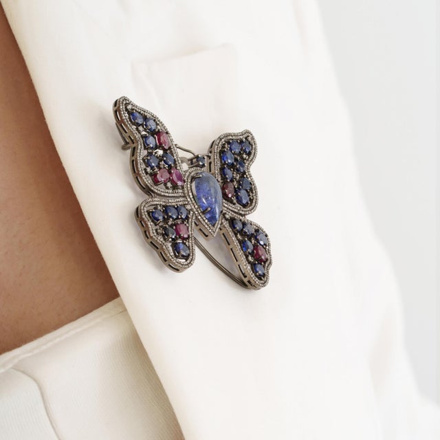 Boho Chic 10Ct Multi Gem & Diamond Butterfly Statement Brooch Pin Pendant in 925 Silver For Sale - Image 10 of 15