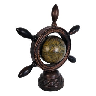 Vintage 1970s Desktop Nautical Globe Ship's Wheel For Sale