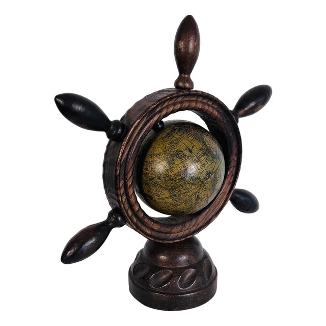 Vintage 1970s Desktop Nautical Globe Ship's Wheel For Sale