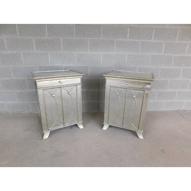Hollywood Regency Silver With Mirrored Paneling Nightstands - A Pair For Sale - Image 9 of 17