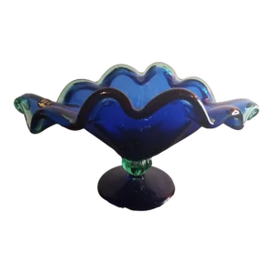 1980s Murano White Crystal Blue Green Ruffled Edge Footed Compote Bowl