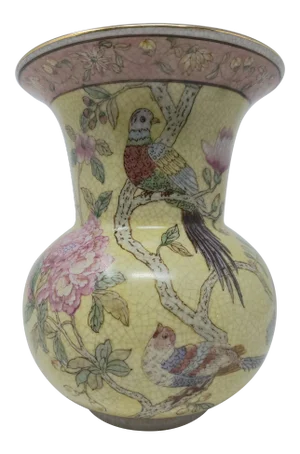 Vintage Hand Painted Asian Large Bulb Bottom Vase With Mums and Parrots and Parakeets