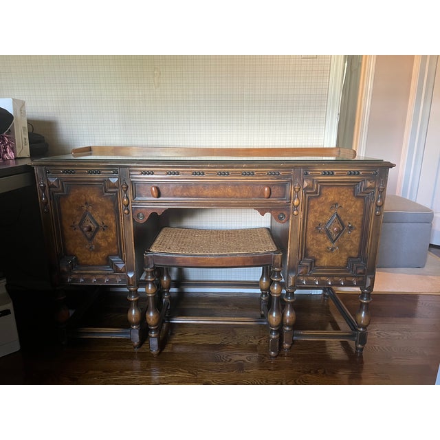 1920s Berkey & Gay Jacobean Revival Burl Walnut Kneehole Desk/Vanity With Glass Top & Stool, Vintage, Maker's Mark For Sale - Image 15 of 16