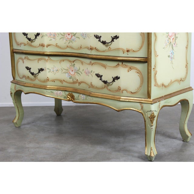 Wood Venetian Baroque Green Lacquered Hand-Painted Floral Three-Drawer Chest, 1950s For Sale - Image 7 of 10