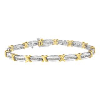 Two-Tone 10K Yellow Gold over .925 Sterling Silver 1.0 Cttw Diamond Channel Set Tapered & X-Link 7" Tennis Bracelet (H-I Color, I2-I3 Clarity) For Sale