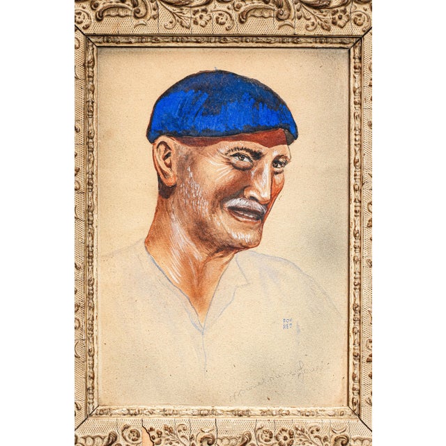 Colorful Antique French Gouache Portrait Painting of Man With Ornate Frame For Sale - Image 4 of 13
