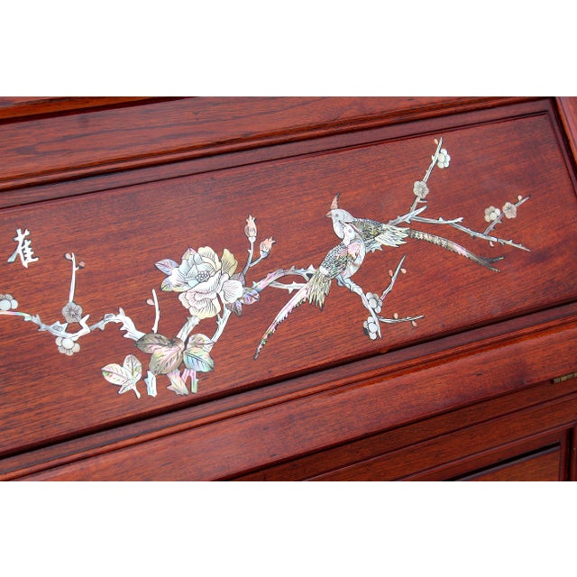 Asian Rosewood Secretary Desk With Mother-of-Pearl Inlay, Bird & Blossom Motif, Slant Front Writing Desk For Sale - Image 13 of 18