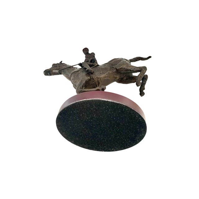 Late 20th Century Jockey on Horse Sculpture Vintage Metal Rider Equestrian Figurine on Wooden Base For Sale - Image 9 of 9