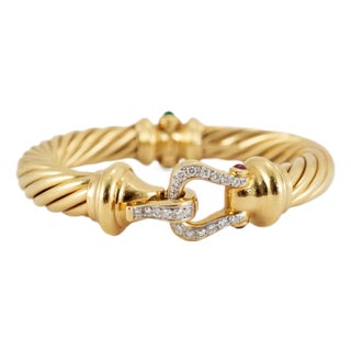David Yurman 18k Yellow Gold Diamond Emerald Ruby Cable Buckle Bangle Bracelet For Sale