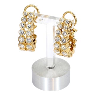 18k Yellow Gold Elongated Hoop Earrings With Two Rows of Bezel-Set Diamonds, A Pair For Sale