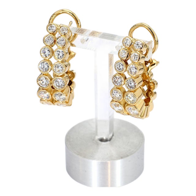 18k Yellow Gold Elongated Hoop Earrings With Two Rows of Bezel-Set Diamonds, A Pair For Sale