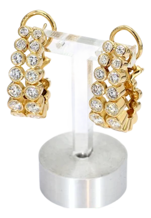 18k Yellow Gold Elongated Hoop Earrings With Two Rows of Bezel-Set Diamonds, A Pair