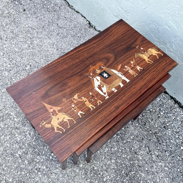 Mid-Century Modern Vintage Mid Century Anglo Indian Bone and Wood Inlaid Rosewood Nesting Tables - Set of 3 For Sale - Image 3 of 12