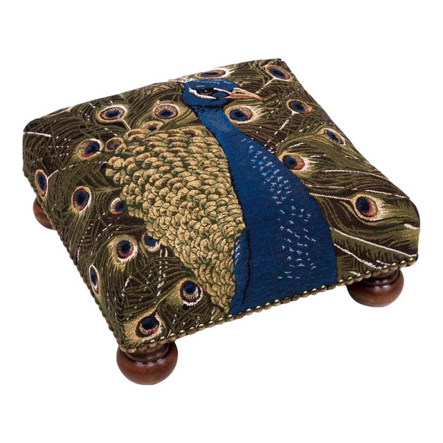 00 English Traditional Peacock Tapestry Footstool With Bun Feet For Sale