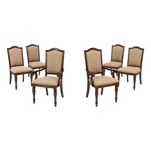 Set of Six Late 20th Century Walnut Dining Chairs With Sculptural Armchairs For Sale