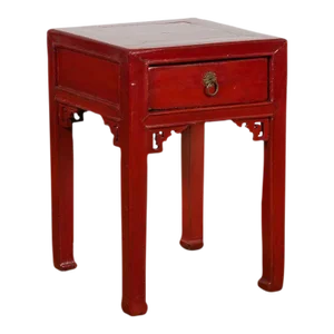 Vintage Chinese Red Lacquer Side Table with Single Drawer & Carved Spandrels