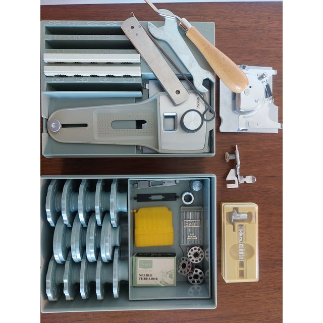 Brown Vintage Sears Kenmore Sewing Machine & Folding Cabinet | Complete With Original Accessories For Sale - Image 8 of 11