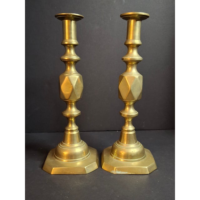 Antique Matching Pair Victorian "The Queen of Diamonds" Brass Candlesticks 11" Push Up Ejector c.1897 For Sale In Boston - Image 6 of 18