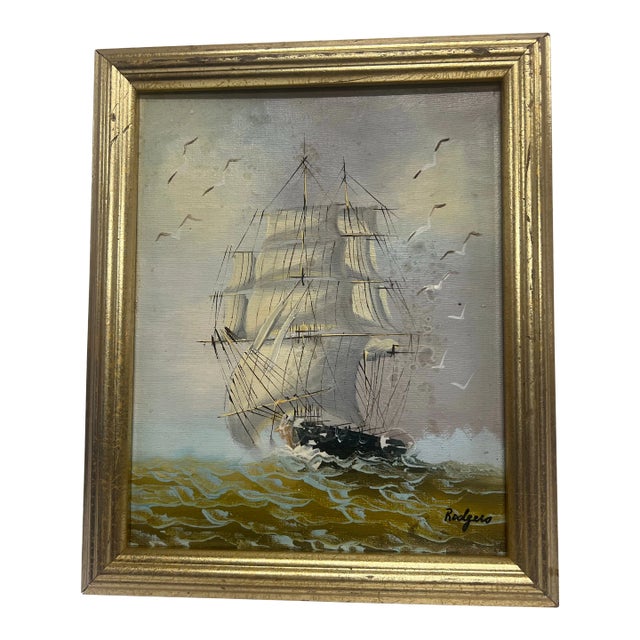 Antique Oil on Canvas Ship at Sea in Antique Gilt Frame For Sale