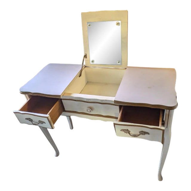 1970's French Provincial Style 2 Tone White and Gold Vanity Desk With Hideaway Mirror For Sale