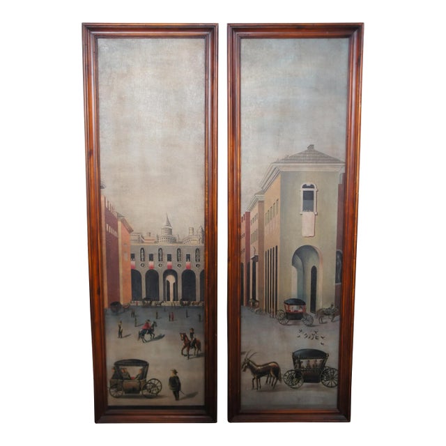 2 Theodore Alexander European Plaza Cityscape Paintings on Panel Framed 74" For Sale