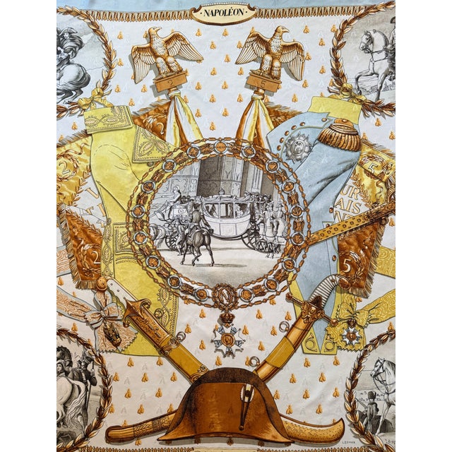 Hermes Napoleon silk scarf, 1985, designed by Philippe Ledoux. This damask scarf, featuring Napoleon's emblem, is a...