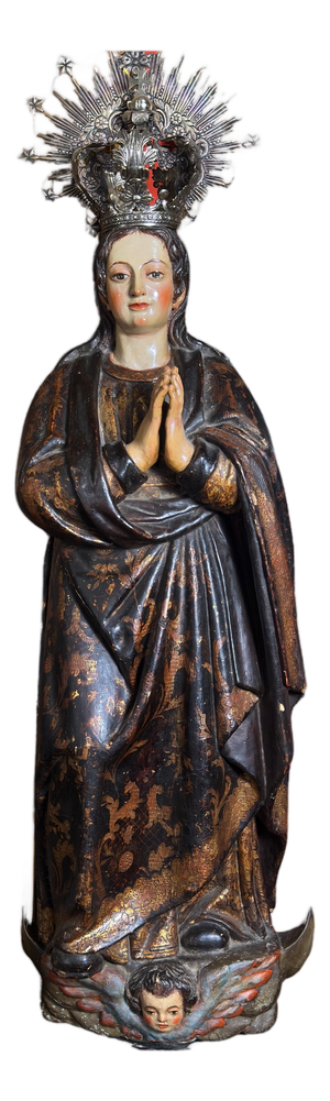 Spanish School Peruvian Virgin in Prayer with Silver Crown, 18th Century