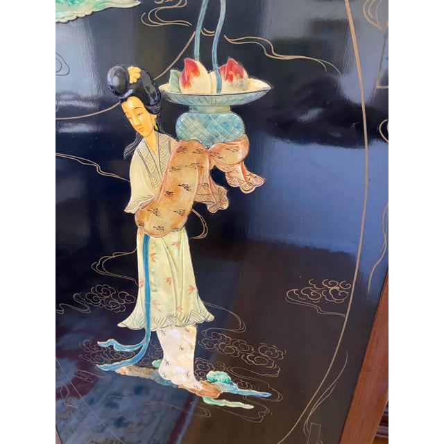 1950s 1950s Large Vintage Asian Inlaid Black Lacquer Hanging Panels - Set of 2 For Sale - Image 5 of 7