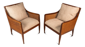 Set of Two (2) Rare Mid-Century Modern Caned Lounge Chairs in Walnut Attributed to Kipp Stewart for Directional, Usa, C. 1950s