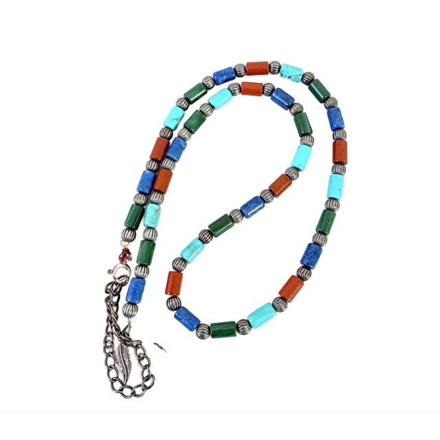 Vintage Sterling Silver, Turquoise, Lapis, Malachite and Carnelian Beaded Necklace For Sale - Image 4 of 4