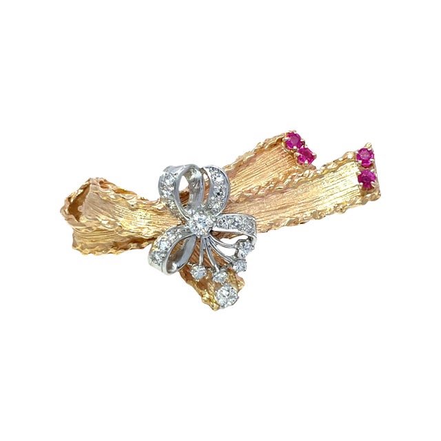 Mid-Century Modern Retro 14k Yellow Gold & Platinum Diamond Ruby Floral Ribbon Bow Brooch For Sale - Image 3 of 11