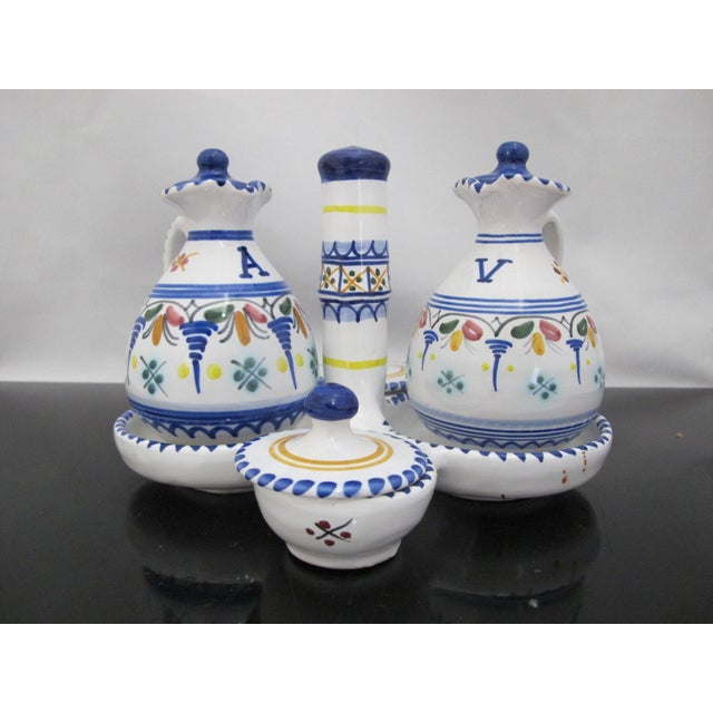 Fun and lovely De La Cal Barreira Puente pottery serving tray and condiment set. Serving tray holds 2 removable cruets for...