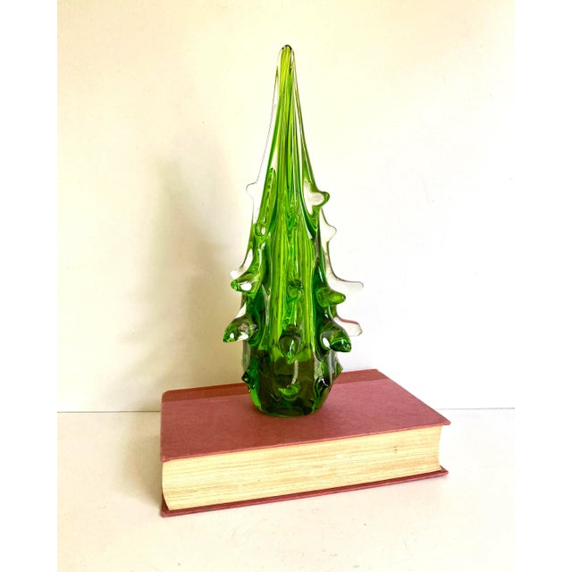 Nice modern art glass tree sculpture made with green and clear glass.. One ship on the bottom (see photo). Unsigned....