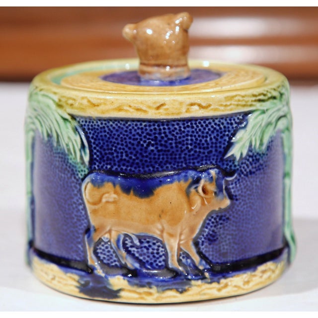 19th Century French Painted Ceramic Barbotine Sugar Bowl With Lid and Cow Decor For Sale - Image 4 of 9