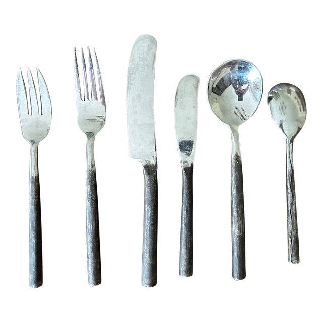 1980s Bob Patino Forged Steel Flatware Set– 6 Place Settings- 36 Pieces For Sale