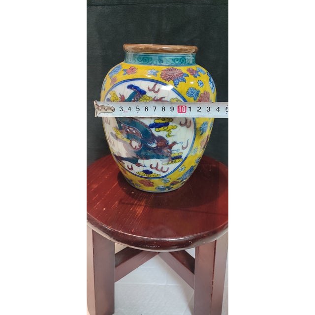 Yellow Chinese Ceramic Pot Qing Dynasty Kangxi Marked Yellow Ground Doucai Porcelain Jar Hand Painted Cloud and Dragon Pattern For Sale - Image 8 of 11