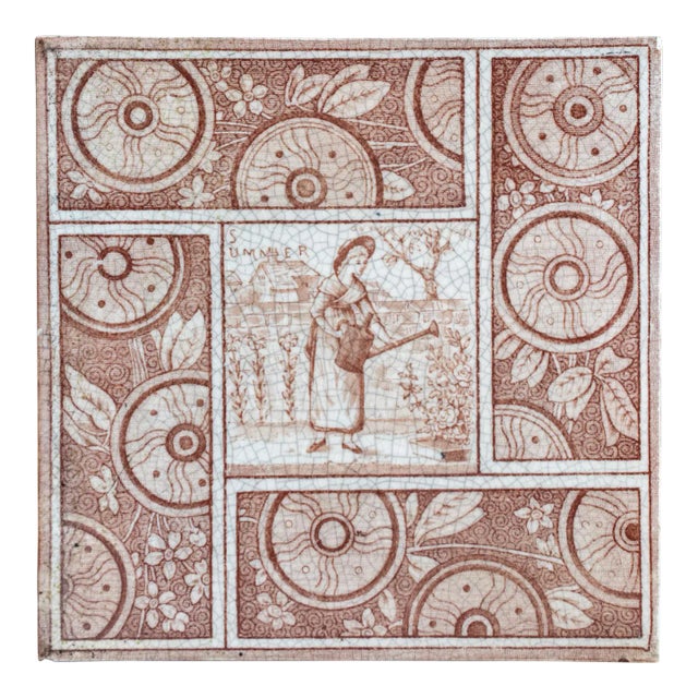 1881 Aesthetic Movement Kate Greenaway Summer Red Transferware Tile For Sale