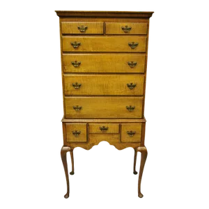 Antique New England Queen Anne Curly Tiger Maple Small Chest Dresser Highboy