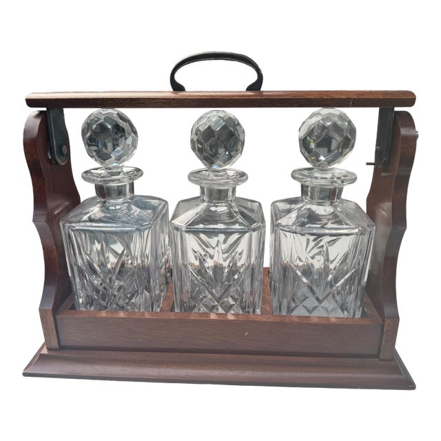 Vintage Mahogany 3 Bottle Tantalus Locking Liquor Decanter Set Cut Glass - 4 pcs For Sale