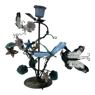 Vintage 1980s Metal Candlestick With Floral and Butterfly Decorations For Sale