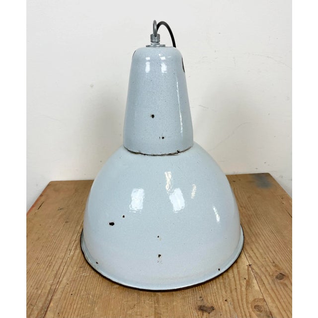 Industrial Grey Enamel Pendant Lamp from Polam, 1960s For Sale - Image 10 of 13