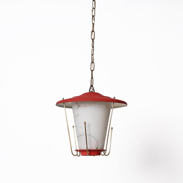 Mid-Century Italian Round Opaline Glass and Brass Red Lantern Chandelier, 1950s For Sale - Image 13 of 18